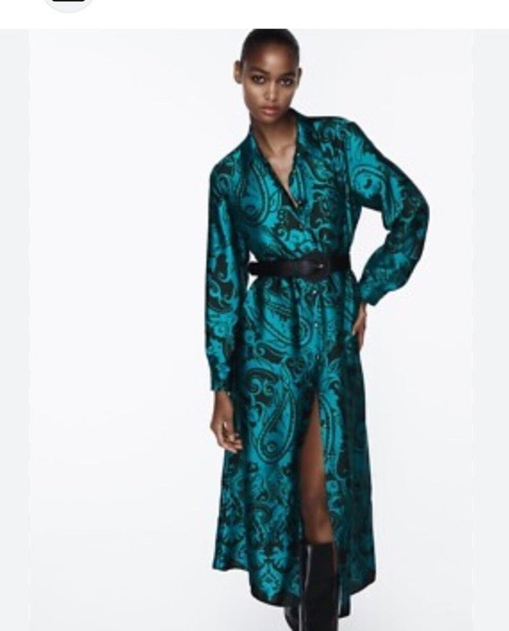Zara Printed Paisley Midi Shirt Dress Teal Black Button Front Size Small